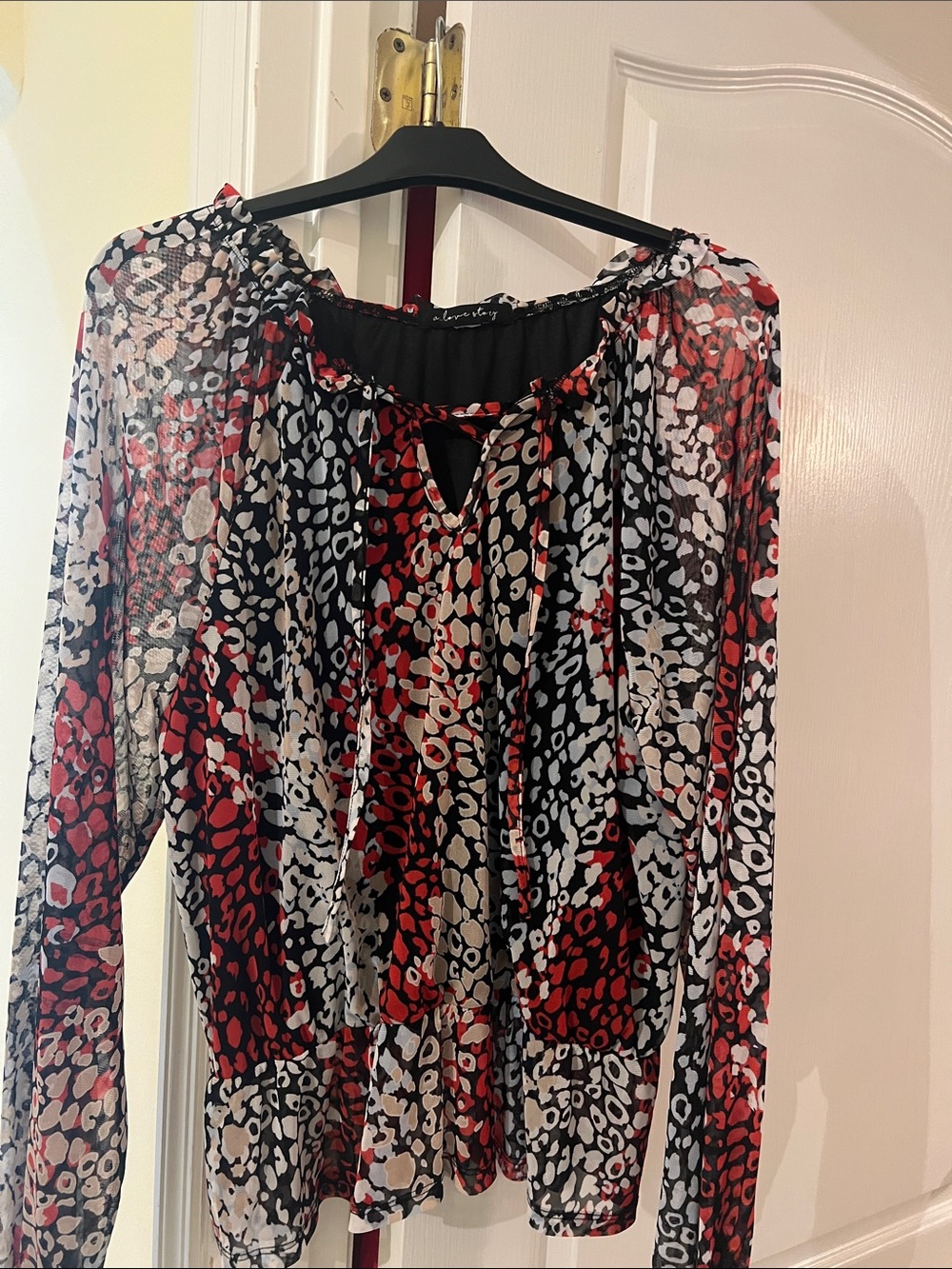 Red Black & Cream Long-Sleeve Animal Print Peasant Dress